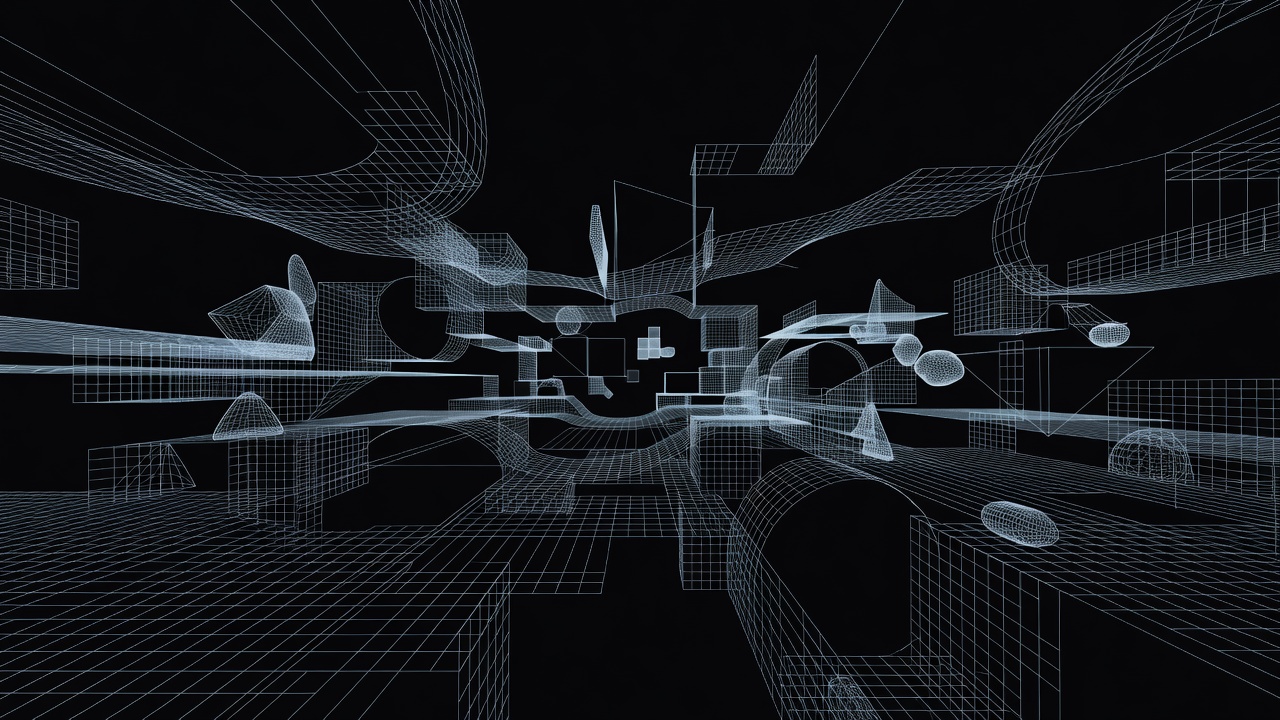 Abstract wireframe rendering of a 3D environment