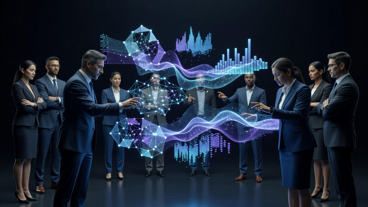 Business professionals analyzing 3D data models in a digital space
